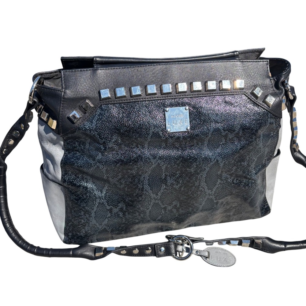 Miche Luxe Shoulder Bag Black Snakeskin Textured Studded Silver Hardware Grey